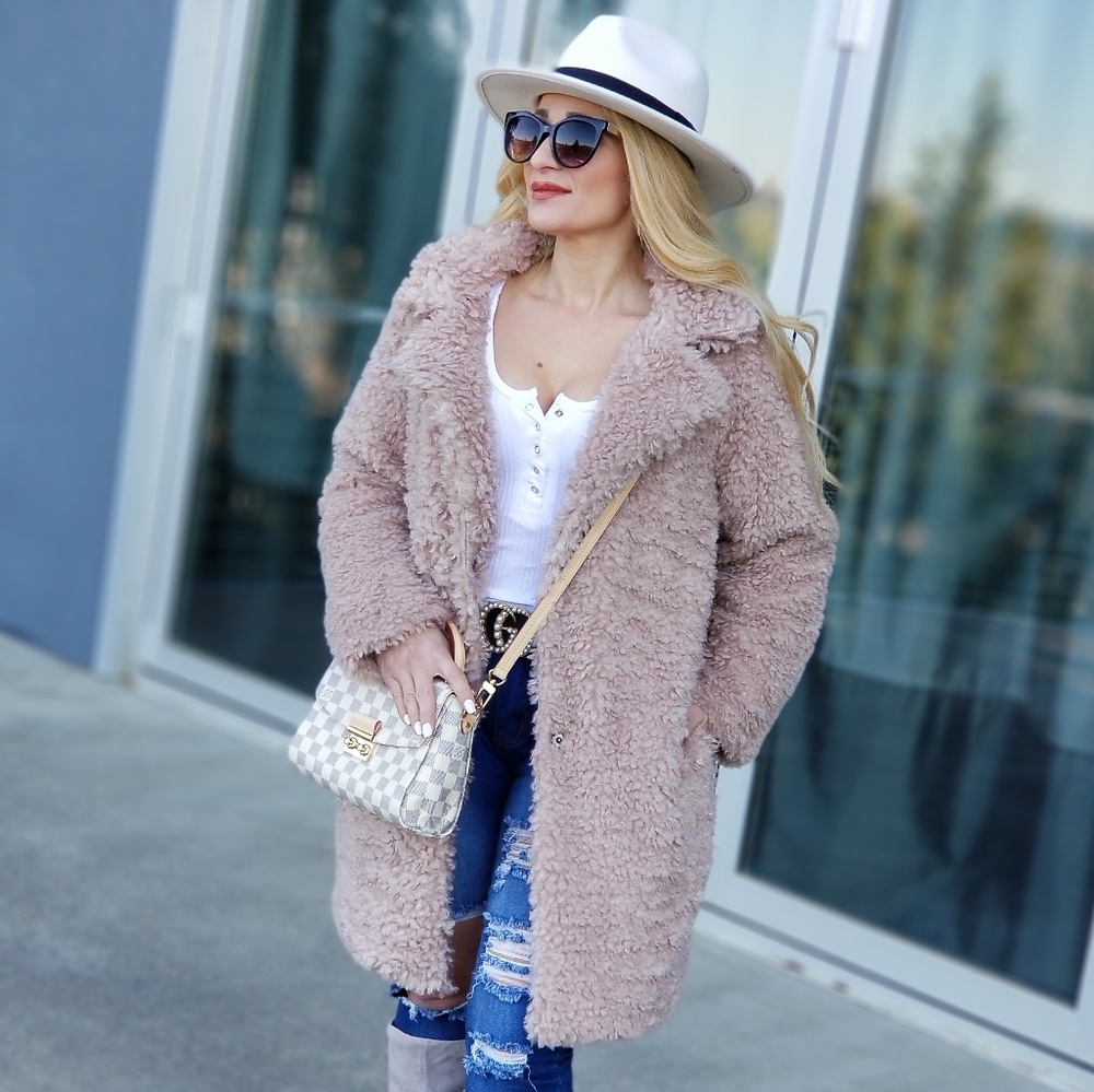 Faux Fur Teddy Jacket Coat - Dusty Pink - Picture 3 of 5